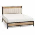 Letto matrimoniale 160 x 200 cm con testiera imbottita beige struttura in acciaio nero e pannelli effetto rovere chiaro