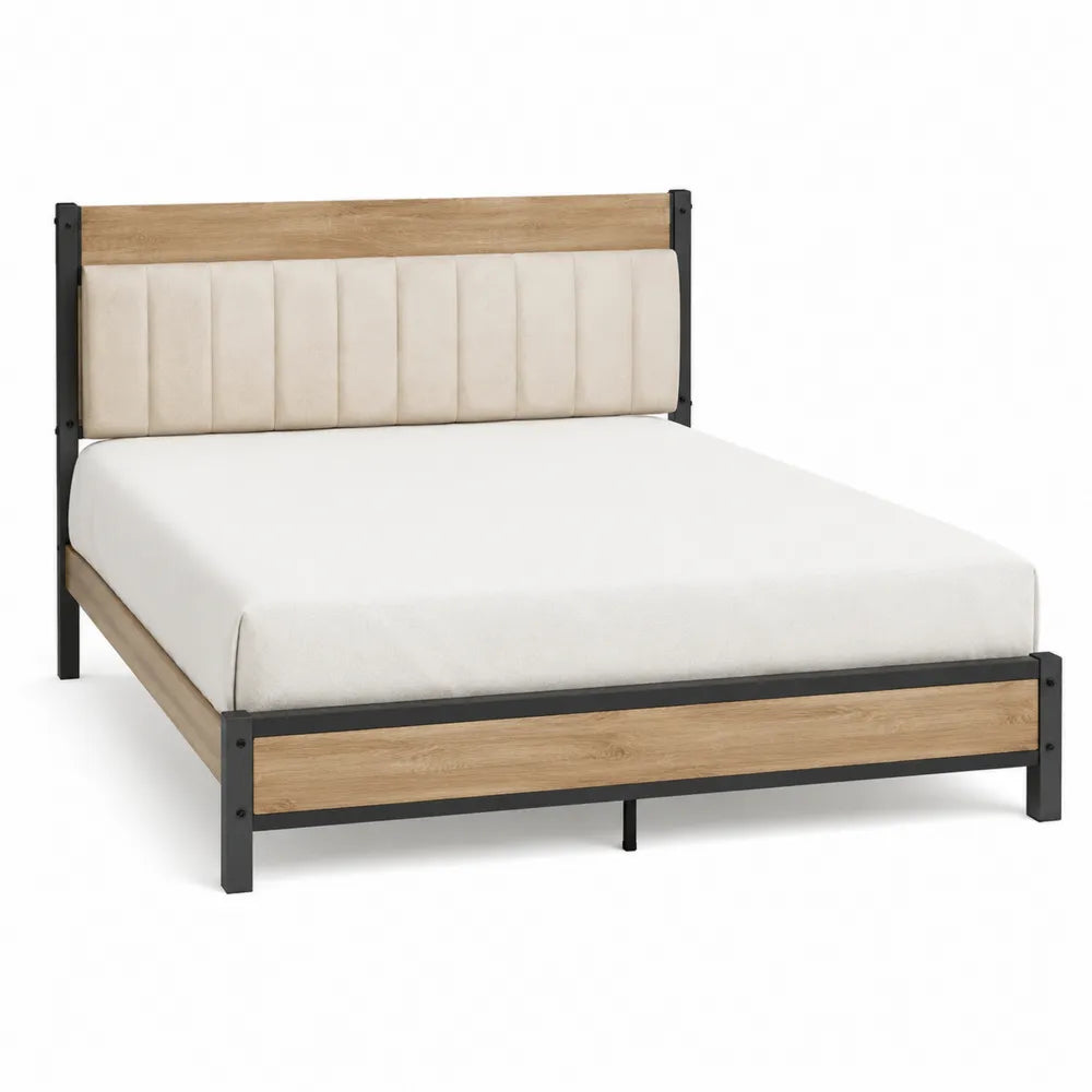 Letto matrimoniale 160 x 200 cm con testiera imbottita beige struttura in acciaio nero e pannelli effetto rovere chiaro
