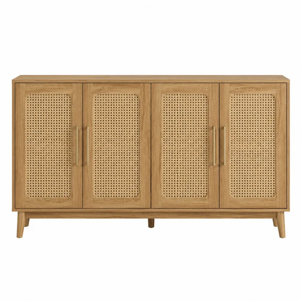Credenza buffet 160 x 40 x 80 cm 4 ante in rattan struttura in legno effetto rovere gambe in legno stile moderno