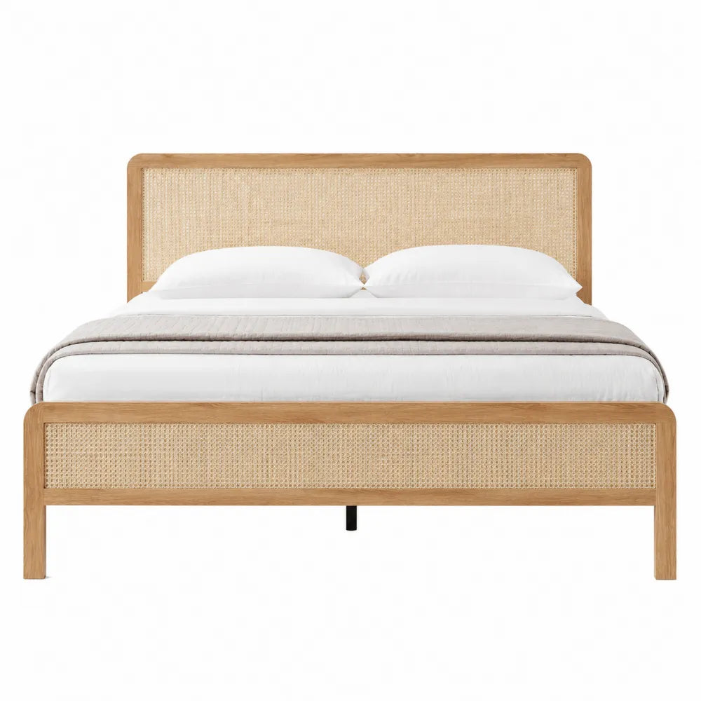 Letto matrimoniale 160 x 200 cm con testiera e pediera in rattan struttura in MDF e truciolare effetto legno naturale