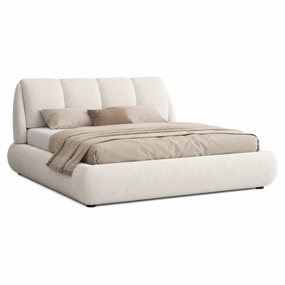 Letto matrimoniale imbottito 160 x 200 cm con testiera a pannelli verticali rivestimento in tessuto bouclé beige struttura in MDF e truciolare