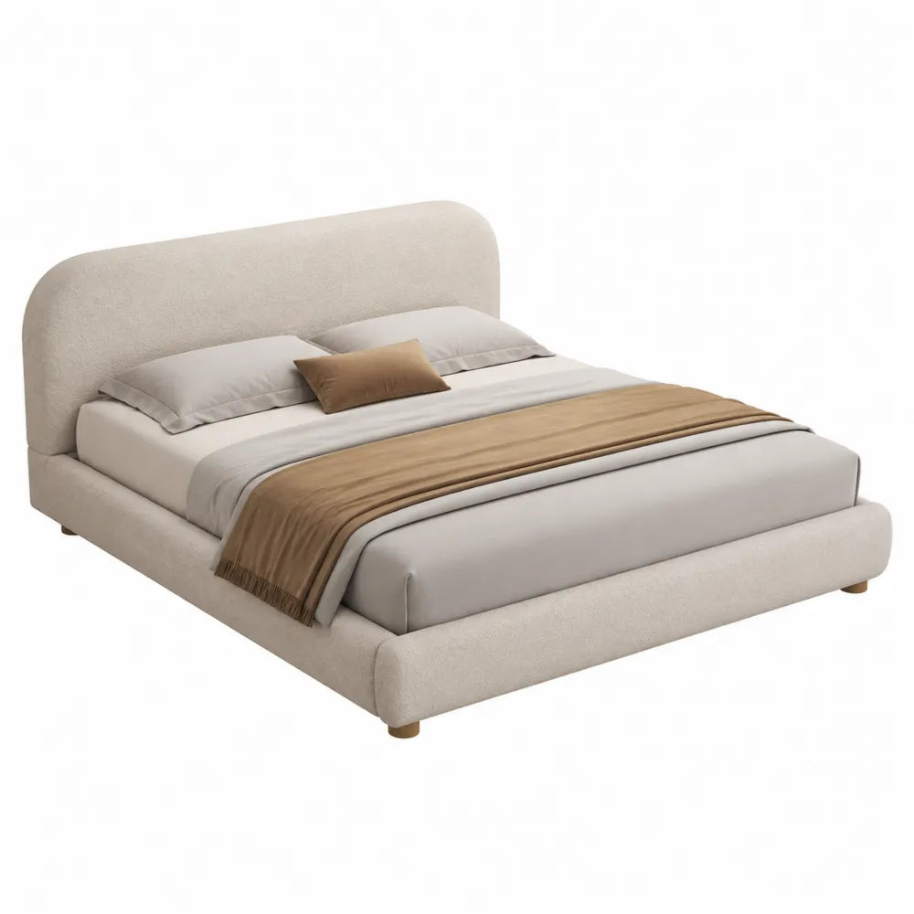 Letto matrimoniale imbottito 160 x 200 cm con testiera arrotondata rivestimento in tessuto bouclé beige struttura in MDF e multistrato