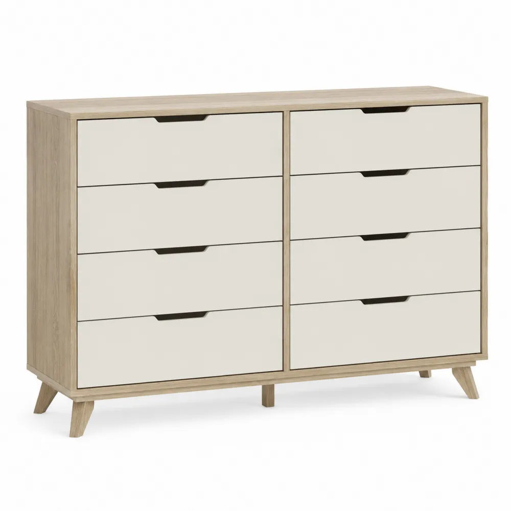Cassettiera rettangolare 120 x 40 x 80 cm in truciolare rovere chiaro e bianco con 8 cassetti