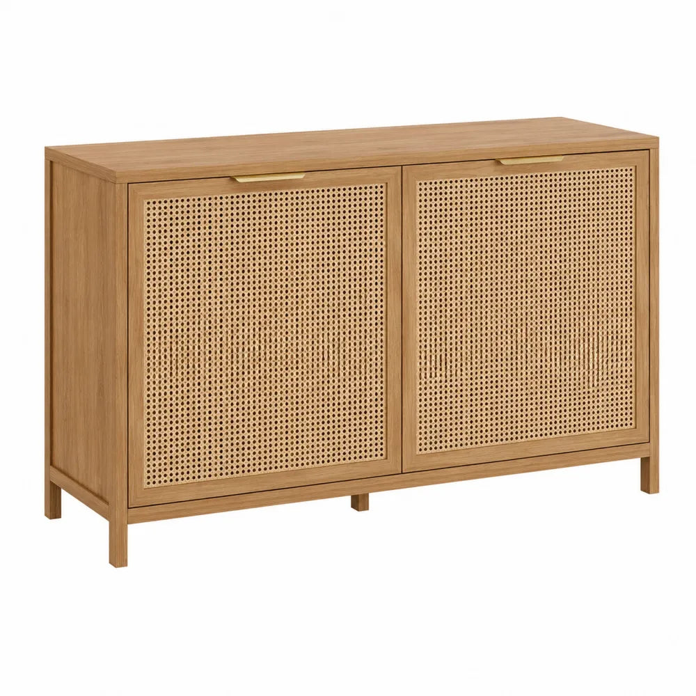 Credenza buffet 120 x 40 x 80 cm in MDF effetto rovere naturale con ante in rattan e gambe in legno