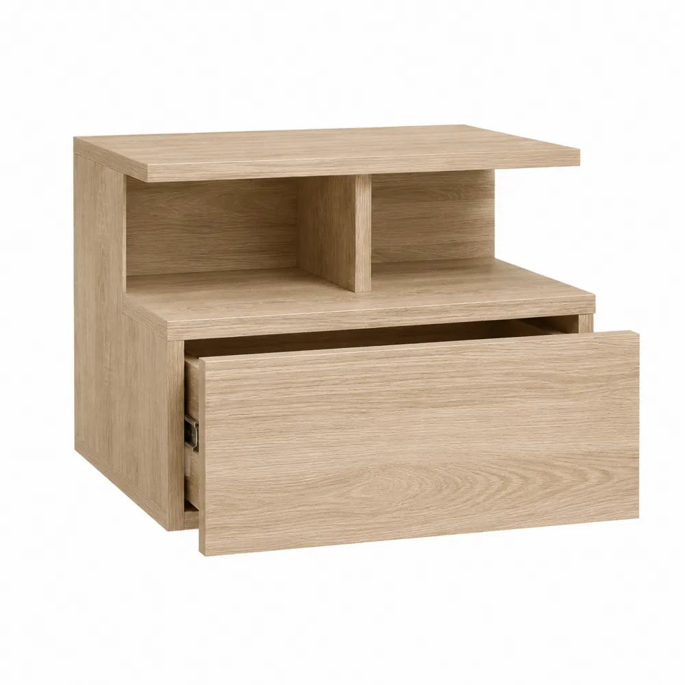 Comodino rettangolare 50 x 40 x 50 cm in truciolare rovere chiaro con cassetto e vano a giorno