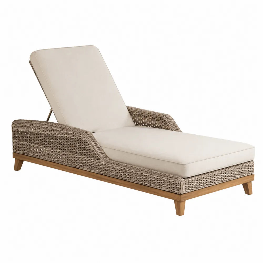 Chaise longue da esterno in rattan PE con struttura in legno massello di acacia e cuscino beige 180 cm x 70 cm x 75 cm