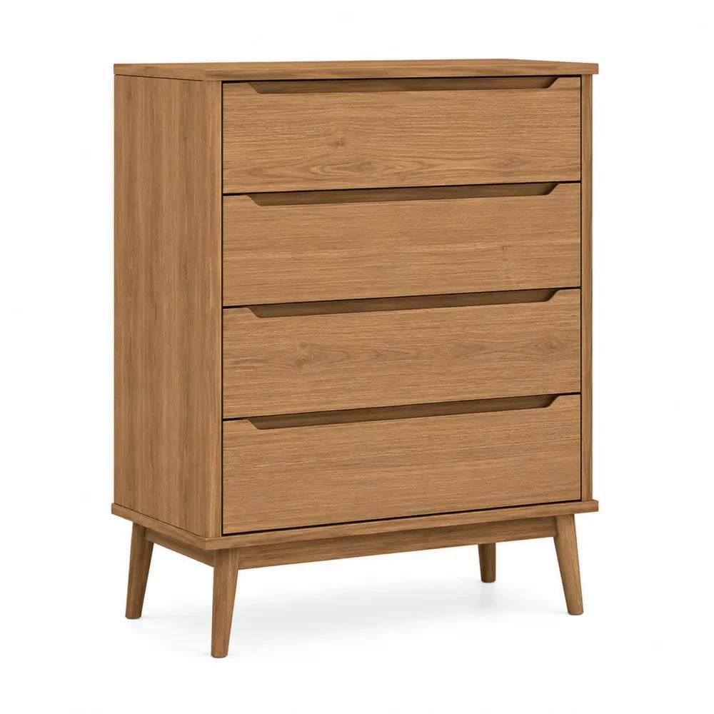 Cassettiera 80 x 40 x 95 cm 4 cassetti legno effetto rovere struttura in MDF e pannello truciolare gambe inclinate stile nordico colore rovere naturale