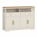 Credenza buffet 160 x 40 x 85 cm in MDF bianco crema con piano effetto rovere naturale cassetti ante e maniglie color ottone