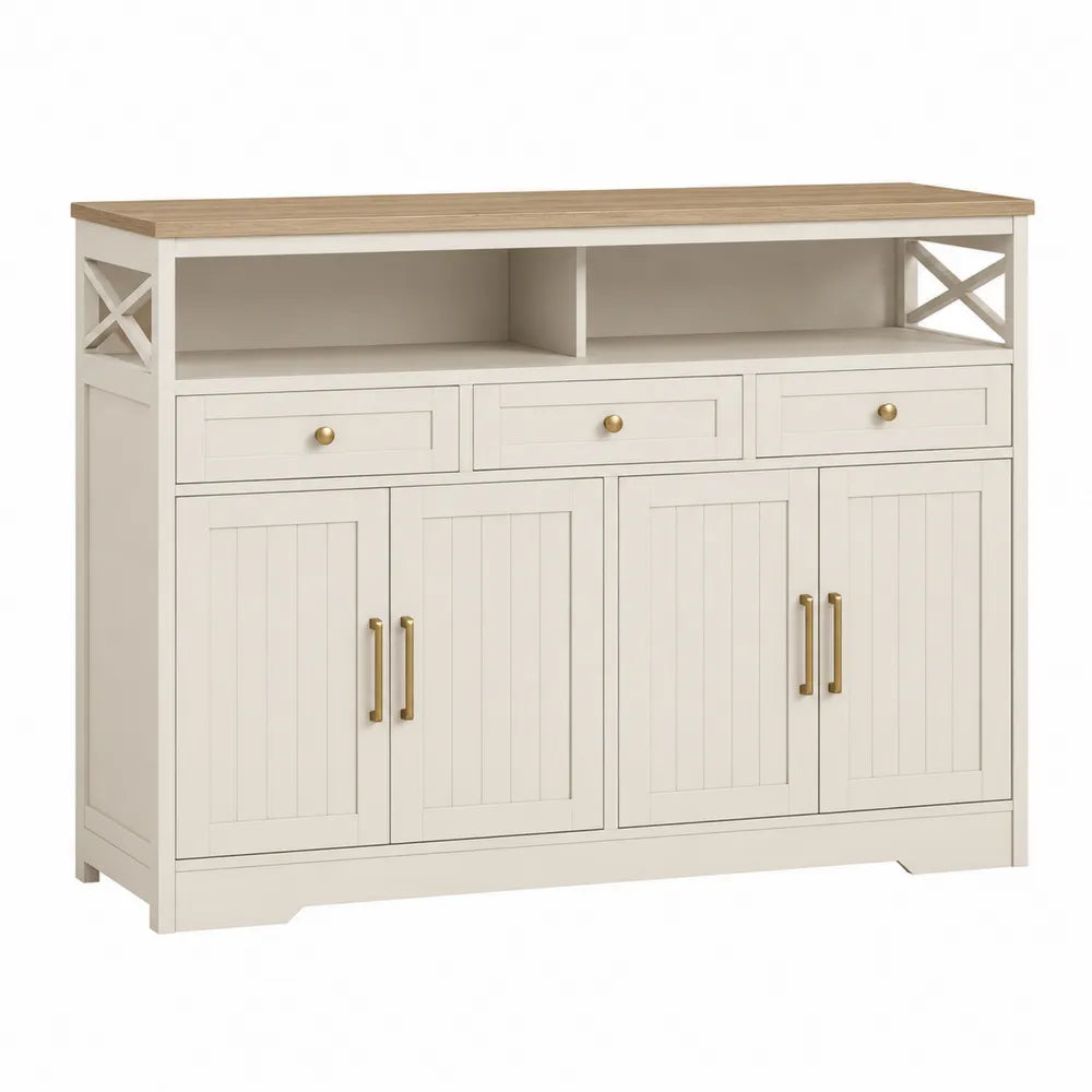 Credenza buffet 160 x 40 x 85 cm in MDF bianco crema con piano effetto rovere naturale cassetti ante e maniglie color ottone