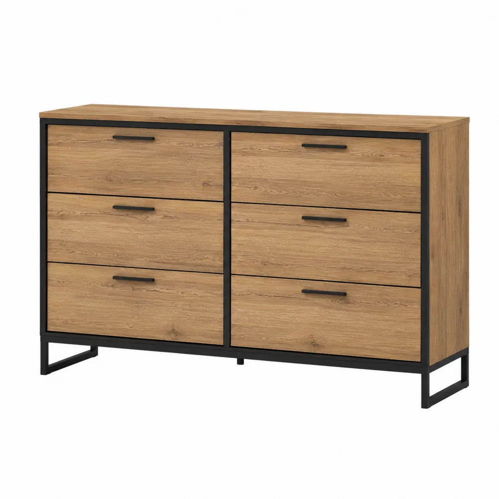 Cassettiera rettangolare 120 x 40 x 80 cm in acciaio nero e pannelli effetto rovere con 6 cassetti