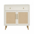 Credenza buffet 80 x 40 x 85 cm in MDF bianco crema con cassetto ante in rattan sintetico beige e gambe in faggio naturale