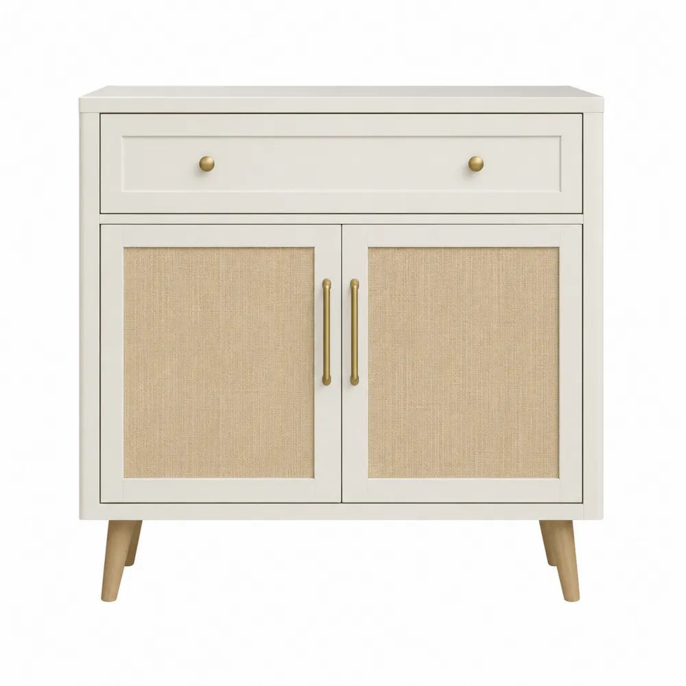 Credenza buffet 80 x 40 x 85 cm in MDF bianco crema con cassetto ante in rattan sintetico beige e gambe in faggio naturale