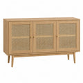 Credenza buffet 150 x 40 x 80 cm in MDF effetto rovere naturale con 3 ante in rattan e gambe in faggio