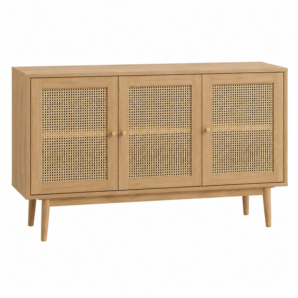 Credenza buffet 150 x 40 x 80 cm in MDF effetto rovere naturale con 3 ante in rattan e gambe in faggio