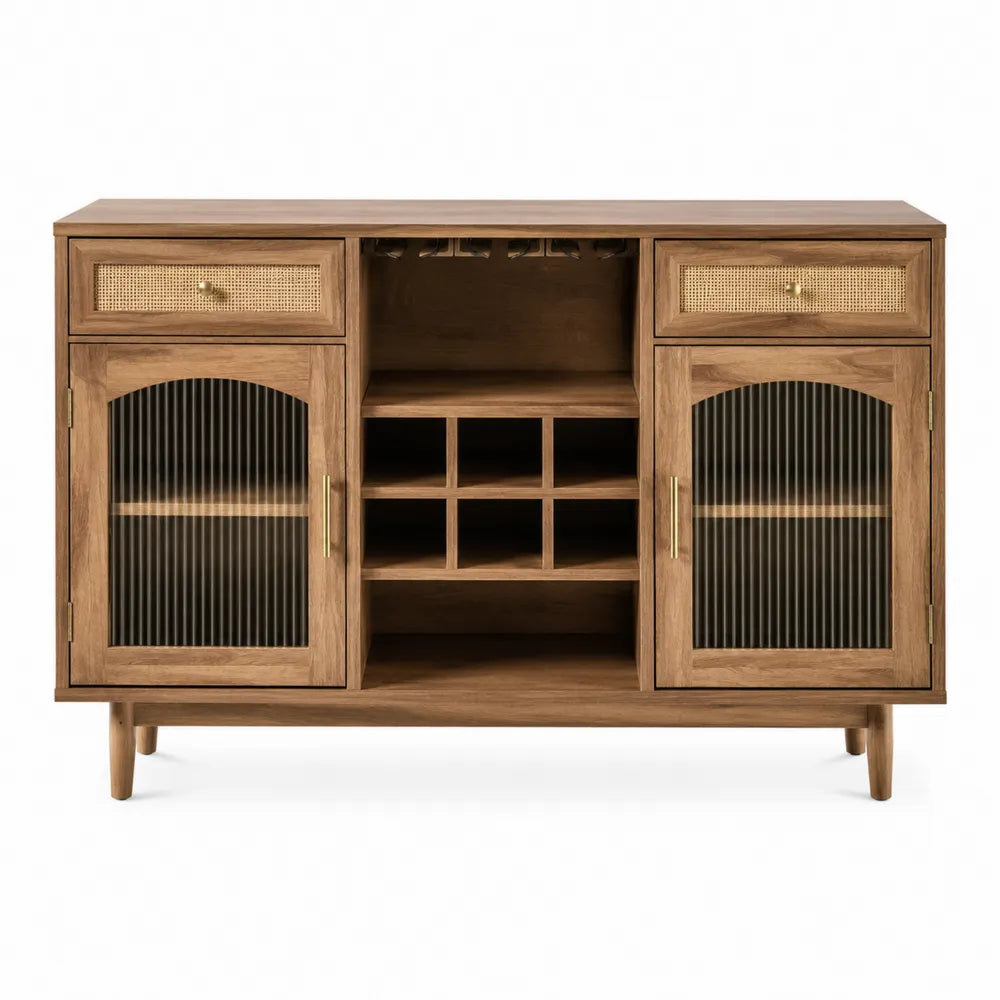 Credenza buffet 160 x 40 x 85 cm in MDF effetto noce naturale con 2 cassetti in rattan ante in vetro scanalato e vani aperti