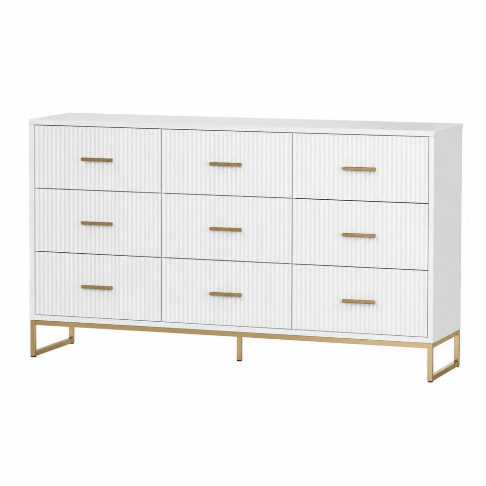 Cassettiera rettangolare 120 x 40 x 80 cm in MDF bianco e acciaio oro con 9 cassetti