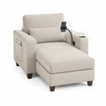 Chaise longue a 1 posto in tessuto poliestere beige chiaro con porta telefono portabicchiere tasca laterale e gambe in legno 180 x 80 x 85 cm