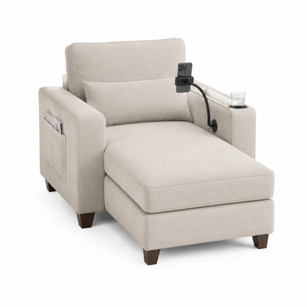 Chaise longue a 1 posto in tessuto poliestere beige chiaro con porta telefono portabicchiere tasca laterale e gambe in legno 180 x 80 x 85 cm