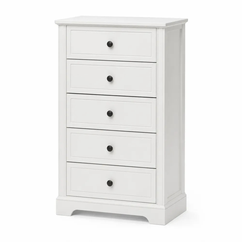 Cassettiera rettangolare 60 x 40 x 100 cm in MDF bianco con 5 cassetti e pomelli neri