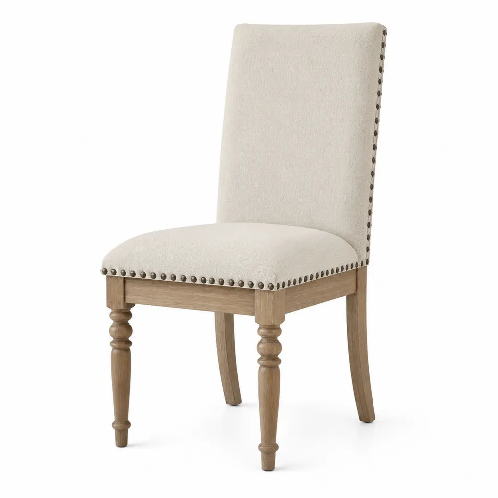 Sedia da pranzo imbottita 50 x 60 x 96 cm in tessuto beige con gambe in faggio naturale e chiodini in metallo
