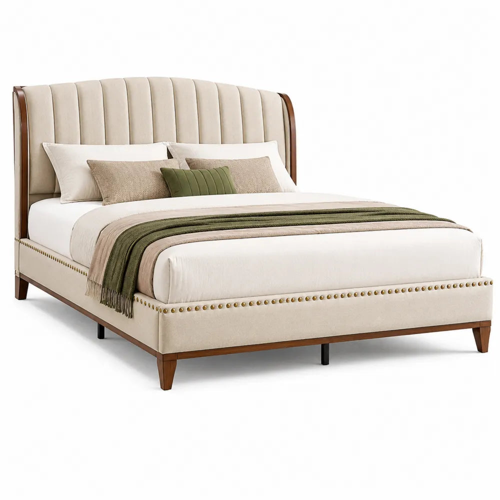 Letto matrimoniale rettangolare 160 x 200 cm in legno di pino e tessuto di poliestere beige marrone