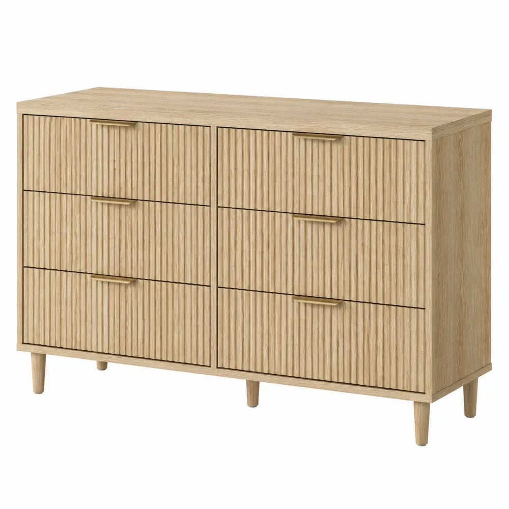 Cassettiera rettangolare 120 x 40 x 75 cm in pannelli di particelle rovere naturale con 6 cassetti