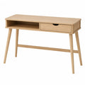 Scrivania rettangolare con vano aperto e cassetto corpo in truciolare effetto legno chiaro gambe inclinate in legno circa 120 x 50 x 75 cm