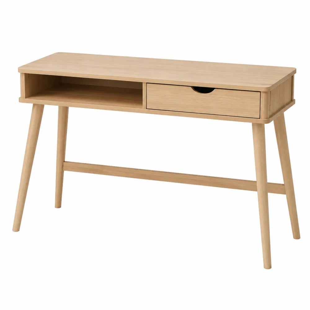 Scrivania rettangolare con vano aperto e cassetto corpo in truciolare effetto legno chiaro gambe inclinate in legno circa 120 x 50 x 75 cm