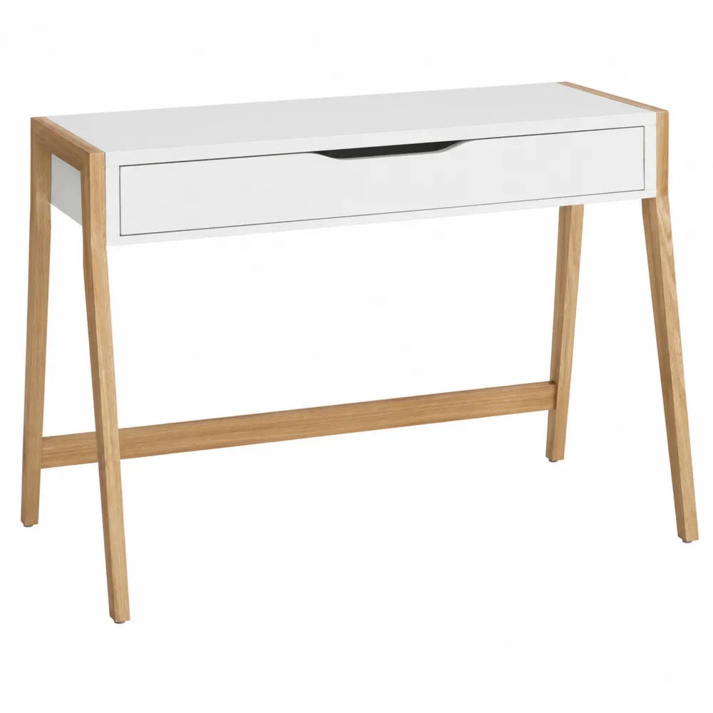 Scrivania consolle rettangolare con cassetto in MDF bianco e gambe in legno naturale 120 cm x 40 cm x 75 cm