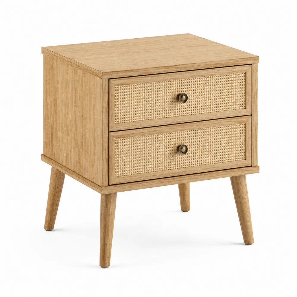 Comodino rettangolare 50 x 40 x 55 cm in MDF rovere chiaro e rattan naturale con 2 cassetti