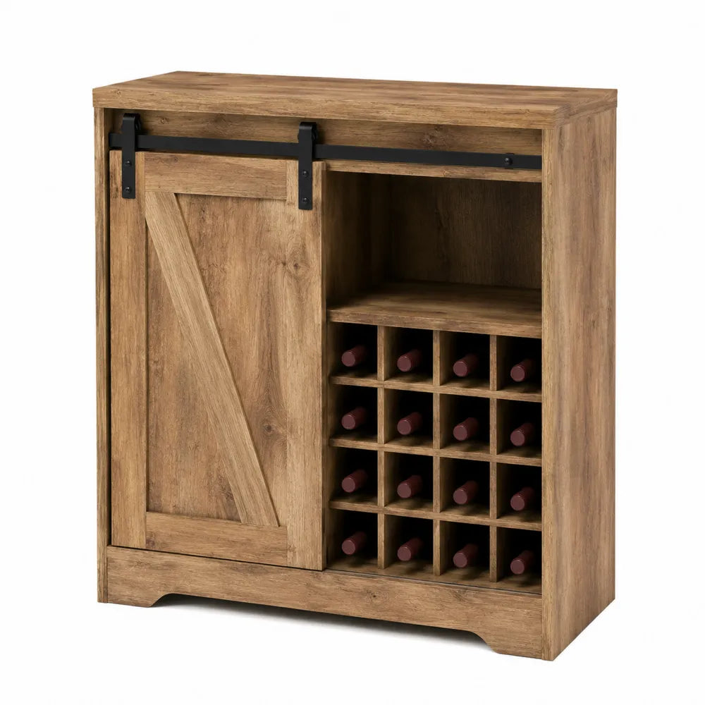 Credenza porta vino 90 cm x 40 cm x 95 cm in legno effetto rovere rustico con anta scorrevole e portabottiglie per 16 bottiglie struttura in MDF e acciaio nero