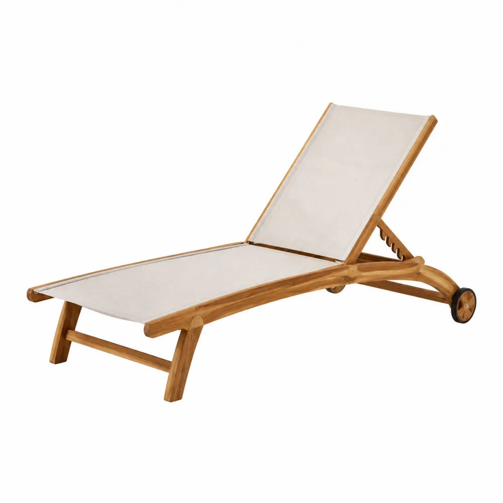Lettino da giardino chaise longue reclinabile in legno massello di acacia con ruote e telo textilene crema naturale 200 x 65 x 35 cm