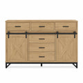 Credenza buffet 160 x 40 x 85 cm in MDF effetto rovere naturale con 6 cassetti 2 ante scorrevoli e struttura in metallo nero