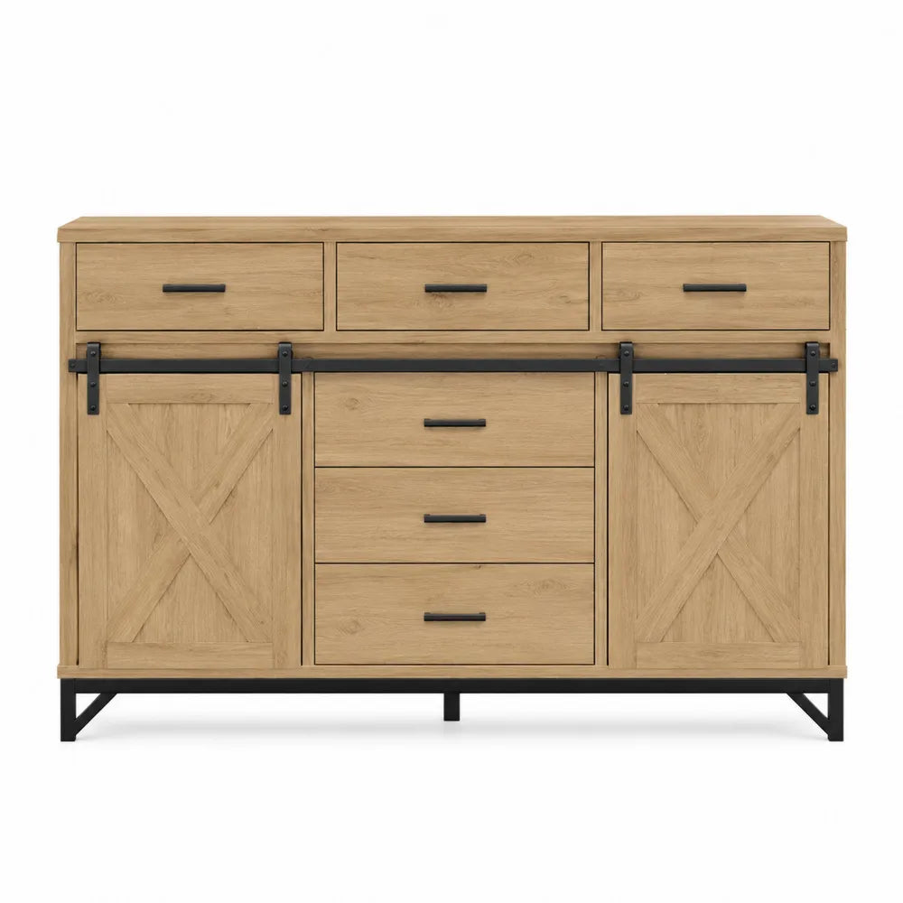 Credenza buffet 160 x 40 x 85 cm in MDF effetto rovere naturale con 6 cassetti 2 ante scorrevoli e struttura in metallo nero