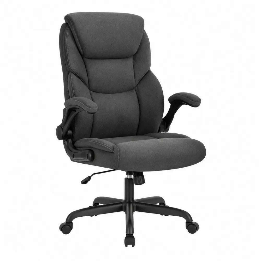 Sedia da ufficio girevole regolabile in altezza con schienale alto rivestimento in tessuto grigio scuro braccioli e base nera circa 65 x 65 x 110-120 cm