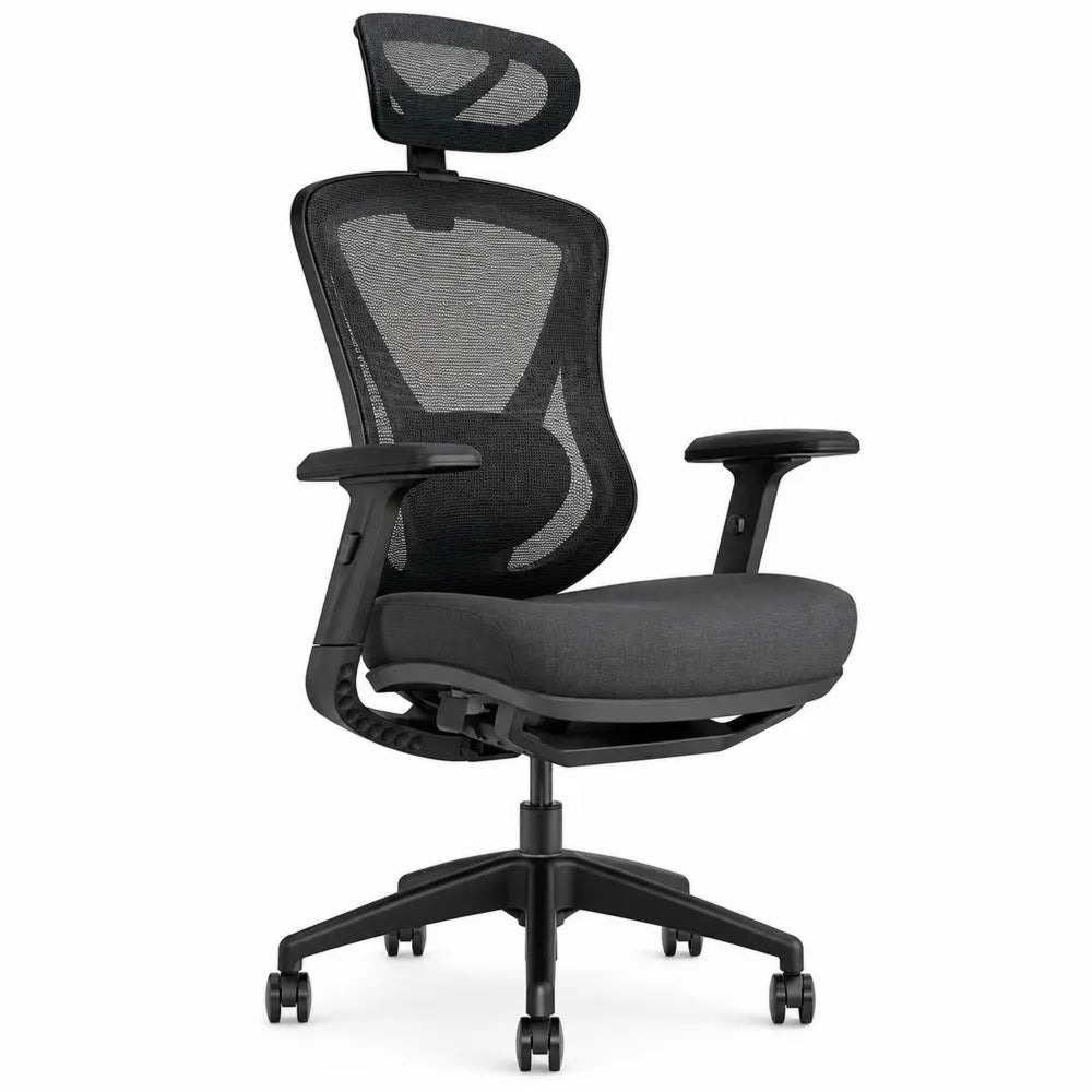 Sedia da ufficio girevole regolabile in altezza con schienale in rete poggiatesta braccioli e base con ruote colore nero e grigio scuro circa 65 x 65 x 115-125 cm