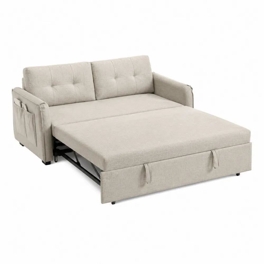 Divano letto estraibile lineare a 2 posti in tessuto poliestere beige chiaro con braccioli e tasca laterale 200 x 90 x 85 cm